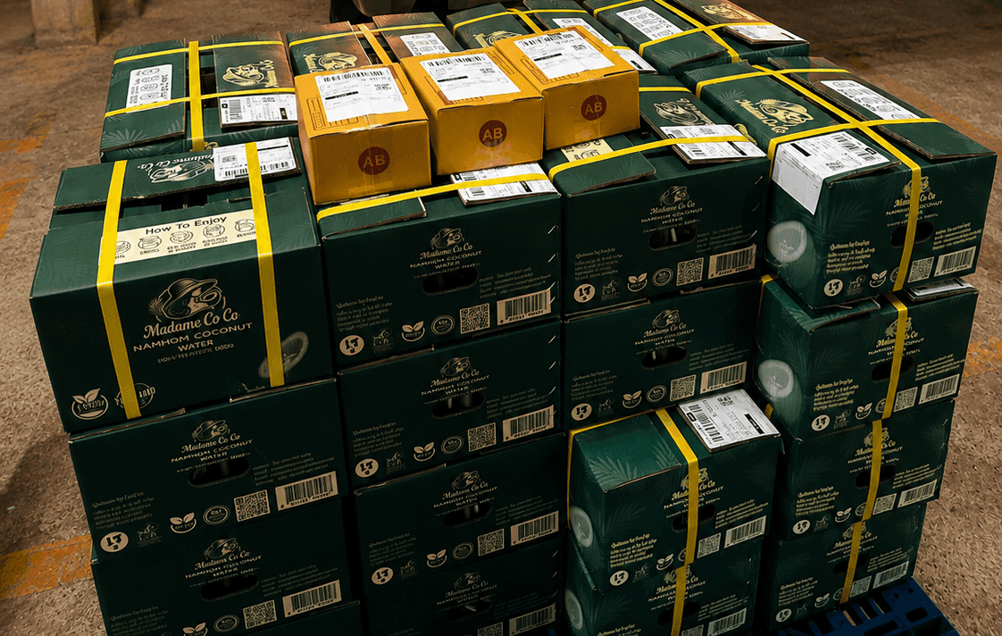 Madame CoCo coconut water cartons staged for dispatch