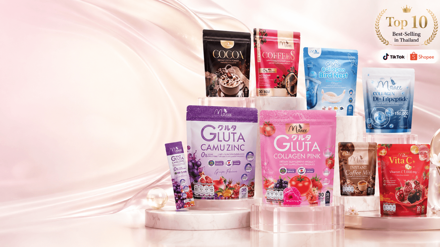 Manee beauty wellness and functional drink product lineup hero