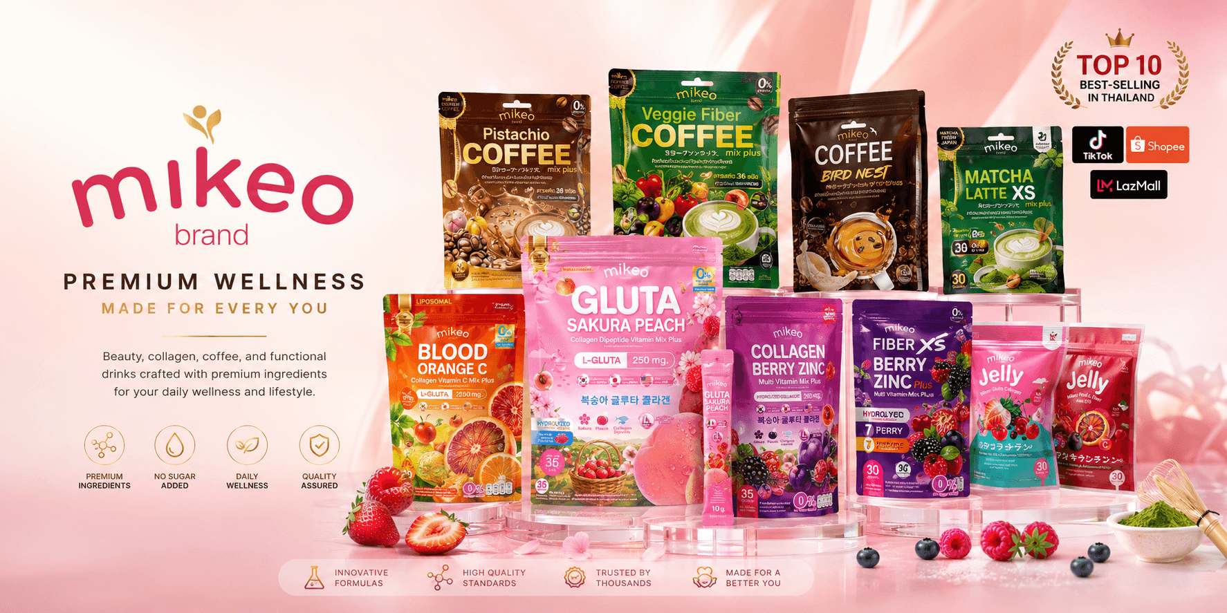 Mikeo functional drink, jelly, coffee, fiber, and beauty-wellness product lineup hero