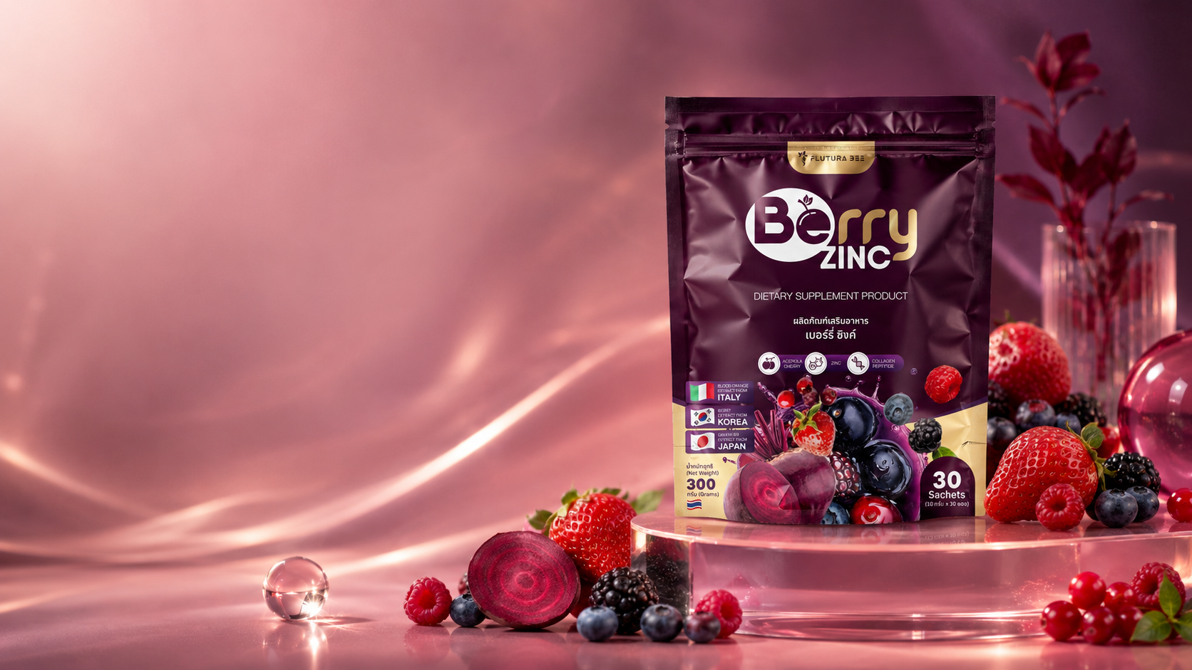 Flutura Bee Berry Zinc wellness pouch hero presentation
