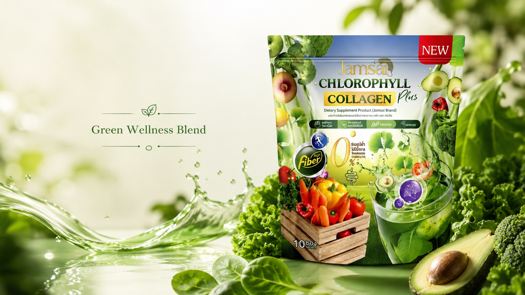 Jamsai Chlorophyll Collagen Plus green wellness hero presentation