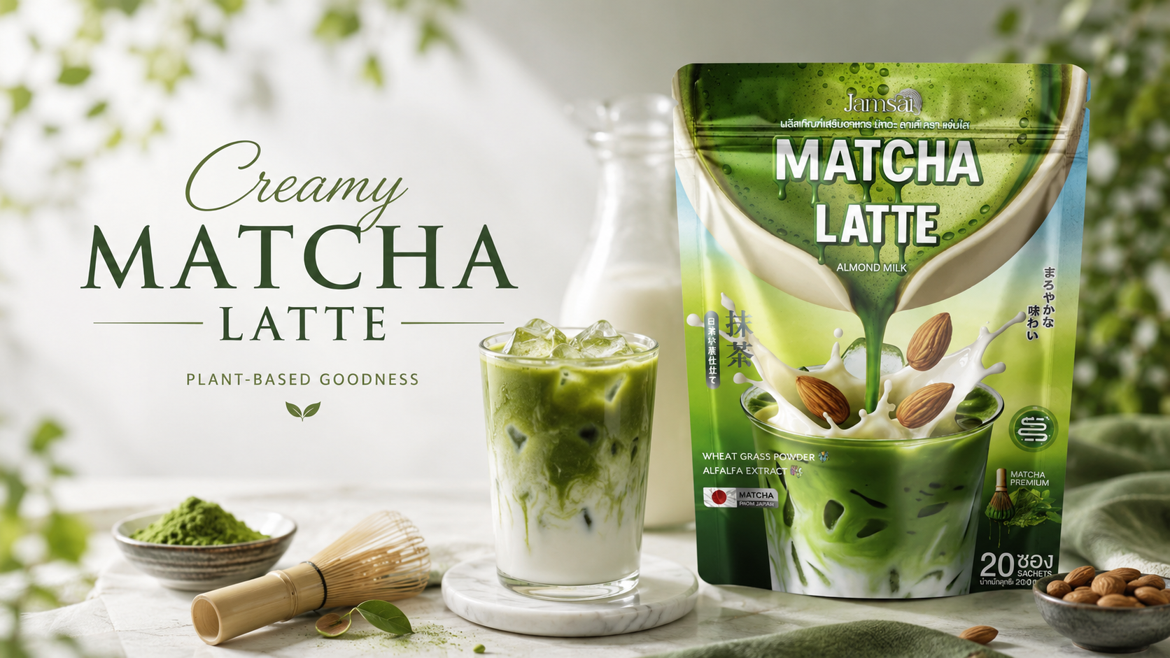 Jamsai Matcha Latte Almond Milk cafe-style drink hero presentation